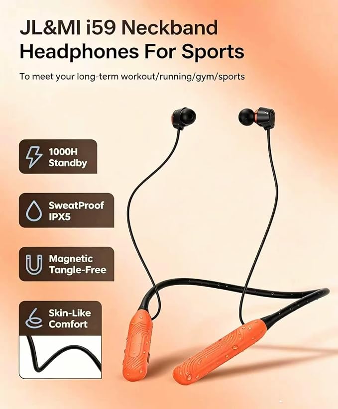 JL&MI Neckband Bluetooth Headphones, 1000H Extra Battery Life Magnetic Earbuds Noise Cancelling, 80H Playtime Running Headphones Around Neck with Mic, Wireless HiFi Stereo Earphones, Orange