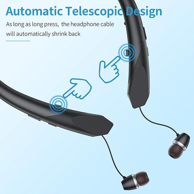 Bluetooth Headphones Retractable Neckband, Bluetooth Headset Wireless Earbuds with Microphone Vibration Call, Stereo Noise Cancelling Earphones (Black)