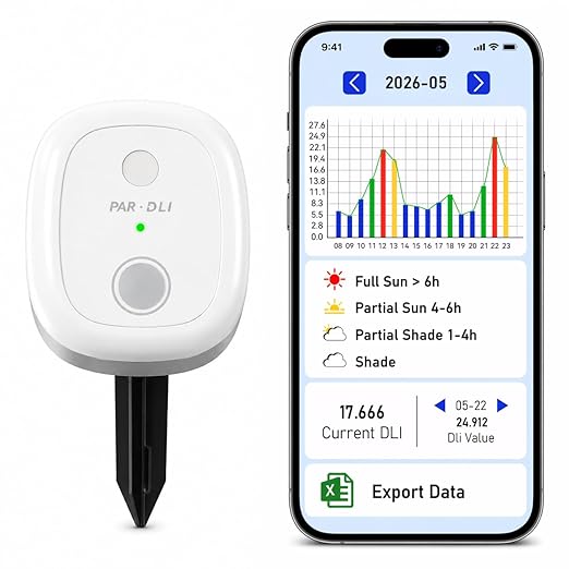 DLI Sun Meter for Plants – Identify Full Sun, Partial Sun & Shade, Measure Daily Plant Light, Visualize PAR Changes Throughout the Day, CSV Export, 180-Day History