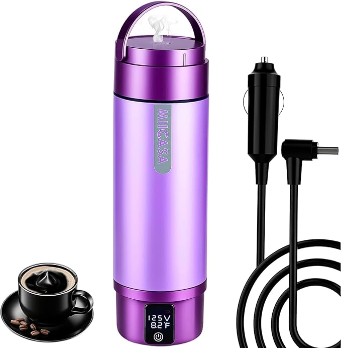 Vacuum Insulated Car Electric Kettle, Miicasa Stainless Steel Tumbler Car Water Heater,12V/24V Water Boiler with 6 Temperature and Auto Shut-Off Boil Dry,16oz
