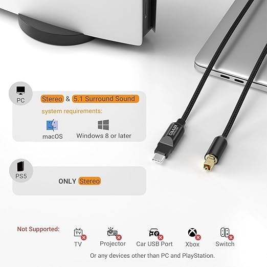 Cubilux USB C to TOSLINK Optical Audio Cable, Unidirectional Type C to SPDIF Digital Aux Cord, S/PDIF Transmitter for Computer/Laptop/PC MacBook(5.1 Surround Sound) and PS5(Stereo), 6.6 FT