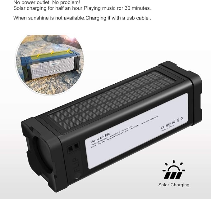 Solar Bluetooth Speaker,IPX7 Waterproof Portable 20W Rich Bass,with 27 LED Lights, 5000mAh Battery,Mic,TF Card,for Outdoor Shower Home-Black