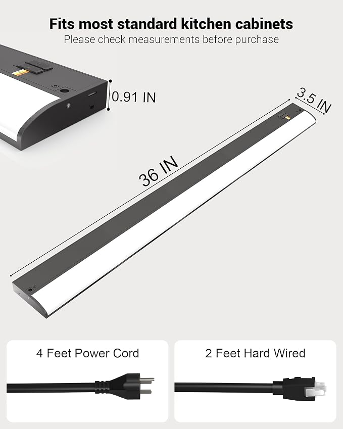 36 Inch LED Under Cabinet Light, Plug in Kitchen Lighting, 3CCT Selectable (3000K/4000K/5000K), CRI94 High Color Accuracy, Linkable, Slim Design Dimmable, Black