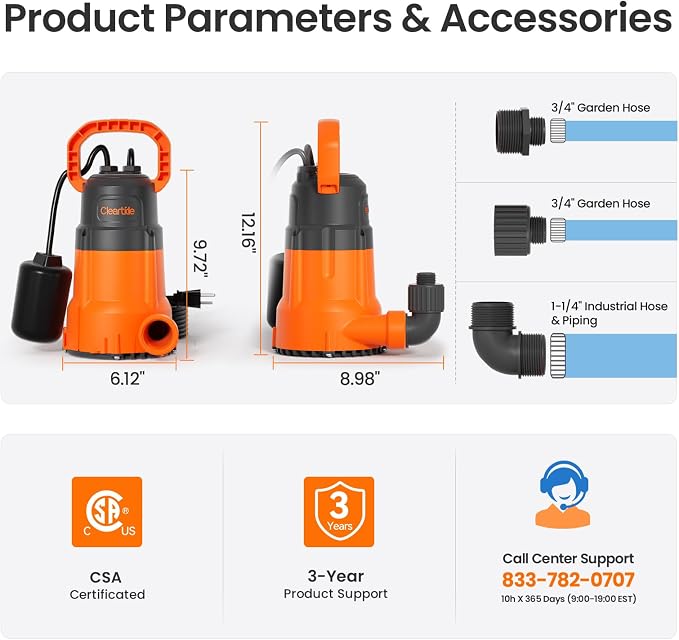 Cleartide Submersible Utility Pump with Float Switch, 2160 GPH High Flow, Water Pump with Copper Motor, Ideal for Yard and Flooded Cellar, Hot Tub, Garden Irrigation
