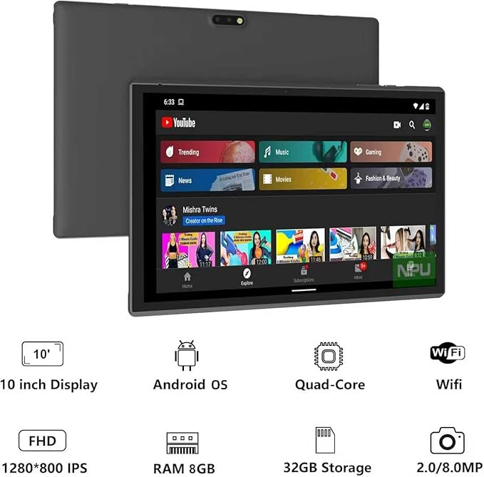Android Tablet 10 Inch Tablet With Case Stylus Android 15 Tablets 8GB RAM 32GB ROM Support 1TB Expansion 6000mah Battery 10.1" IPS HD Touchscreen 2MP+8MP Dual Camera WIFI-6 Bluetooth5.0 Tablets