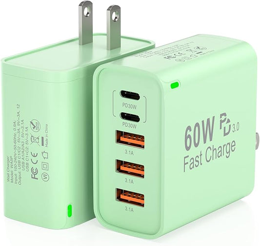 2Pack USB C Fast Charger Block, Total 60W 5-Port USB C Wall Charger 30W Type C Charging Block, 2USB C+3USB A PD 3.0 Multiport Charging Cube for iPhone 17 16 15 14 Pro Max, G-alaxy S26 S25 Ultra, i Pad