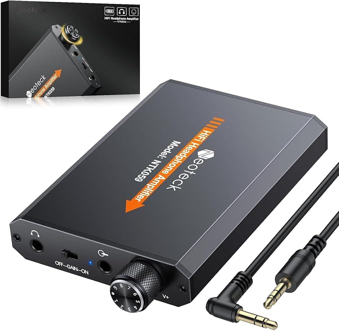 Neoteck Amplifier 16-300 Ohm Portable Headphone Amplifier,3.5mm Jack Rechargeable Headphone Amp with Volume Control,Two-Stage Gain Switch, Headset Amplifier for PC/CD/MP3/MP4 Players-Non-Bluetooth