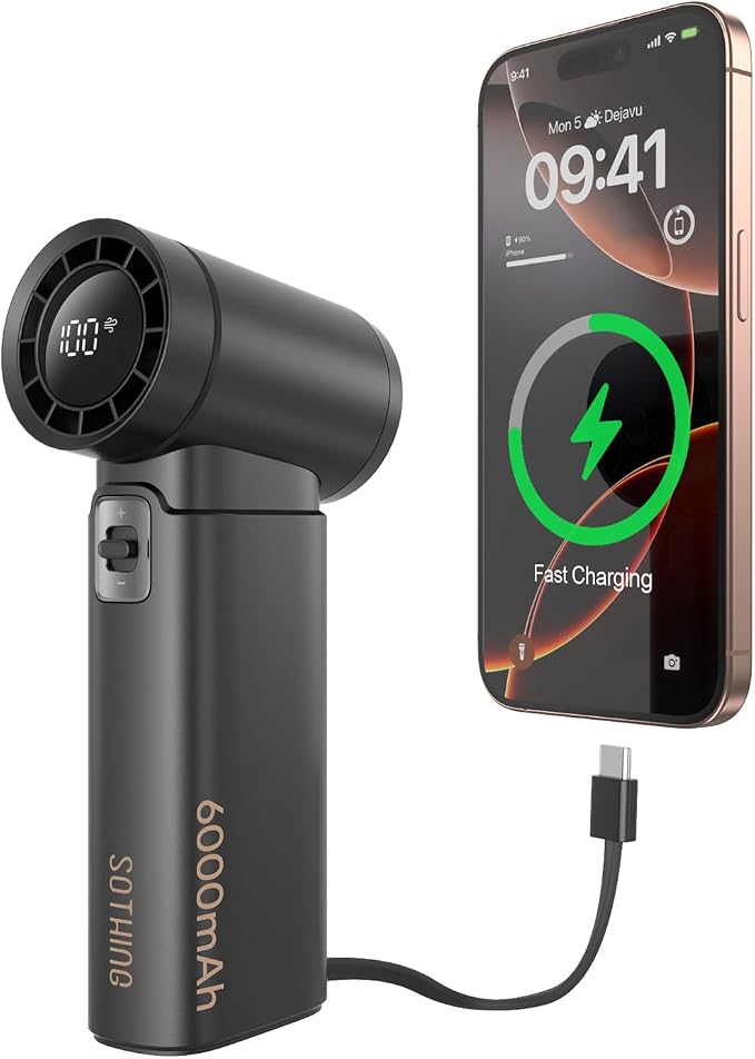 SOTHING Handheld Fan - Portable Fan with Charger Power Bank, 6000mAh Rechargeable18W Fast Charging, Type-C Input, 50000RPM High Speed Turbo Airflow for Travel Concerts Cruise Makeup, Black