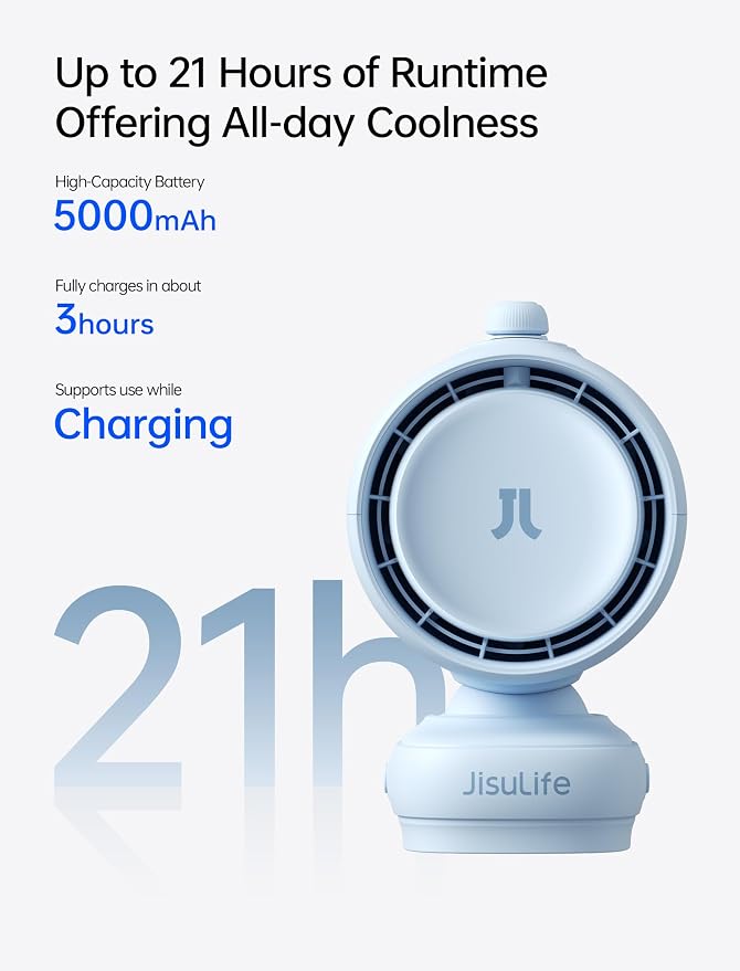 JISULIFE Chic Stroller Fan 2026-Baby Cool Helper: Smart 120° Auto Oscillation with 100 Speeds, 21H Super-Long Battery, Portable Baby Fan for Crib, Stroller & Bedroom, Gift for Moms-Blue(Clip)