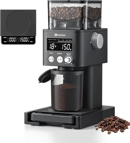 MOKKOM Electric Conical Burr Coffee Grinder with Removable Coffee Scale, Anti-static Coffee Bean Grinder, 31 Grind Settings and Precision Timer for Espresso Pour Over, French Press Black