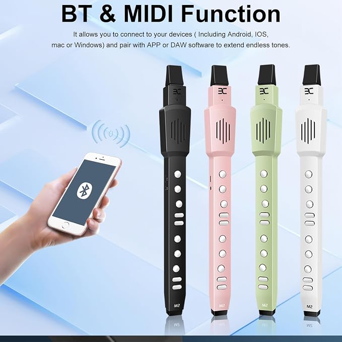 EX Electric Digital Wind Instrument, Electric Saxophone, with 12 Tones, 3 Fingering Modes, 3-Octave Range, Auto Vibrato & Transpose, Bluetooth MIDI & Rechargeable, Pink