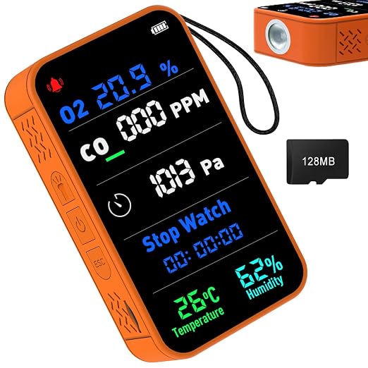 7-in-1 Portable Oxygen Detector for Indoor and Outdoor,288H Standby,O2 Detector with O2,Temperature,Humidity,Illumination,Room Oxygen Monitor for Car,RV,Camping,Travel (Orange)