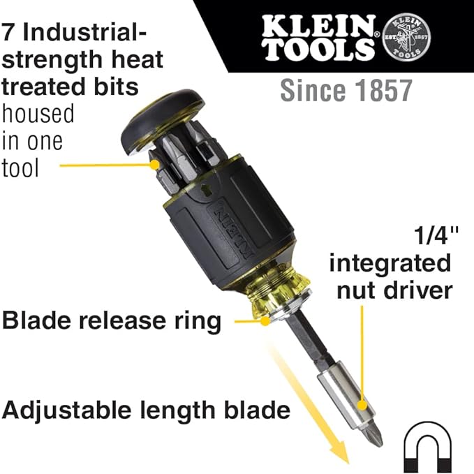 Klein Tools Bluetooth Speaker with Magnetic Strip and Hook Adjustable Length Stubby Screwdriver