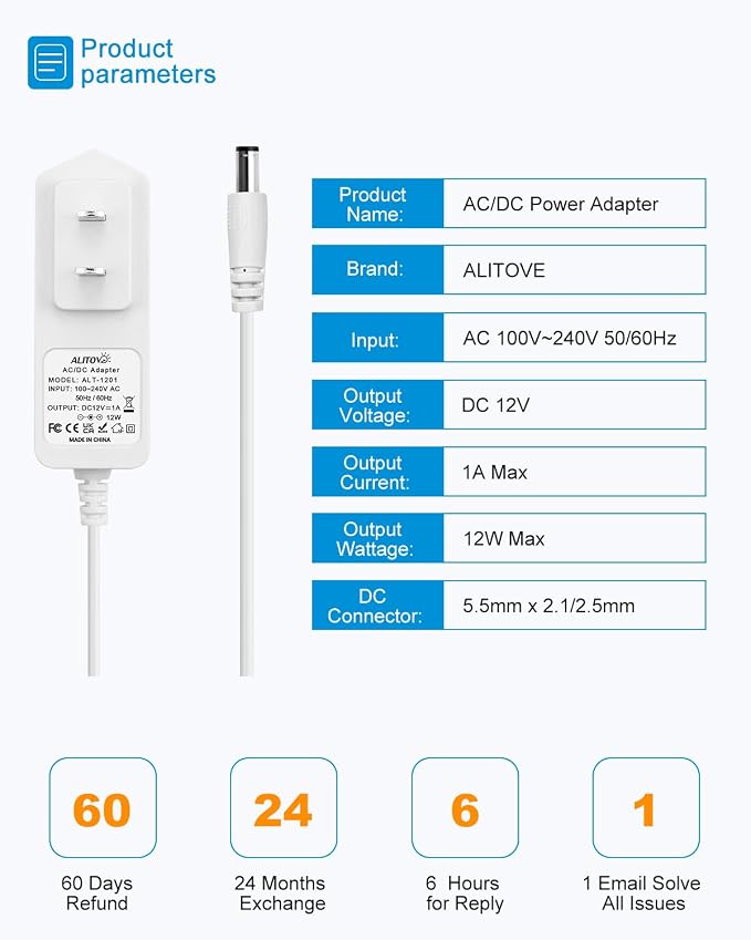ALITOVE 12V 1A Power Supply DC 12 Volt Power Adapter 12V 1000mA 600mA 800mA 12W AC/DC Adapter 100V~240V AC to DC 12V Power Cord with 5.5x2.5mm Tip for Router LED Strip Security Camera System, White