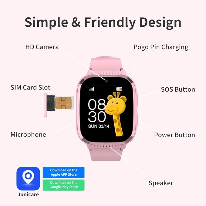 4G Kids Smart Watches Girls with GPS Tracker & Call Phone, Kids Watch for Girls Age 5-12 with SOS Calling, School Mode Parental Controls 12/24 Hr Text Message HD Video Call Voice Chat (Pink)