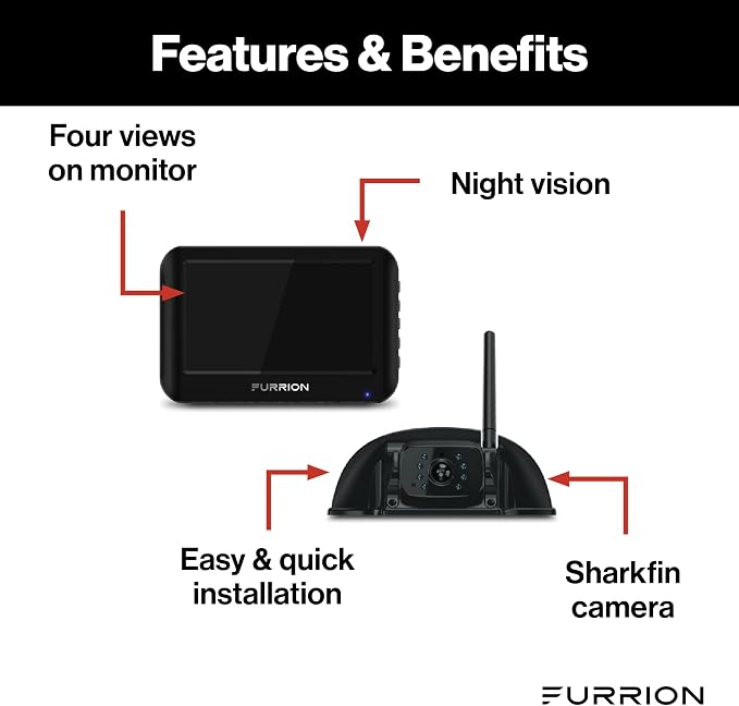 Furrion Vision S Wireless RV Backup Camera System with 4.3-Inch Monitor, 1 Rear Sharkfin, Infrared Night Vision, Wide-Angle View, Hi-Res, IP65 Waterproof, Microphone - FOS43TASF (Pack of 8)