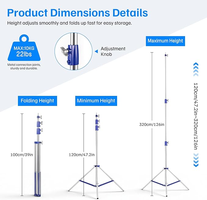 Light Stand Photography, 10.5ft/320cm Heavy Duty Studio Light Stand with 1/4" and 3/8" Screw, Adjustable Lighting Stand for Softbox, Ring Light, LED Panel, Professional Light Stand Tripod