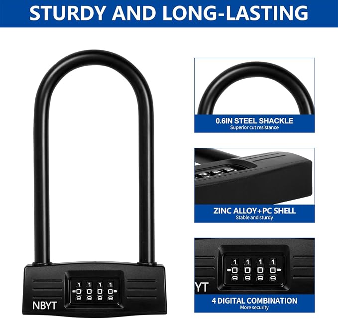 Bike Lock u Lock Combination,Resettable Code,Long Shackle,Heavy Duty Padlock for Bicycle, Scooter,Motorcycles, Metal Fence Gate,Pool Door,Anti Theft.