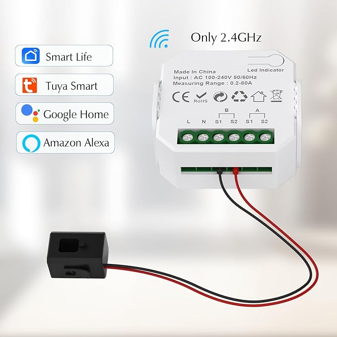 eMylo 1-Channel WiFi Power Meter 80A Smart Energy Monitor, Clamp-on Ammeter, 2.4GHz WiFi, Real-time Monitoring, Smart Life/TUYA APP, Home Power Monitor, Compatible with Alexa and Google Assistant