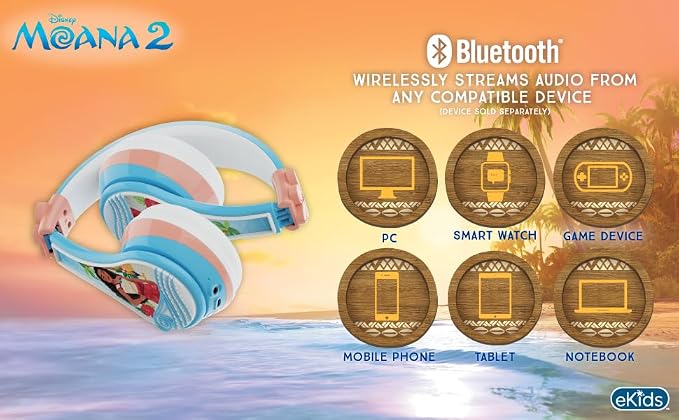 Disney Moana 2 Bluetooth Headphones for Kids Wireless Headphones for School | Volume Reduced and Built-in Microphone