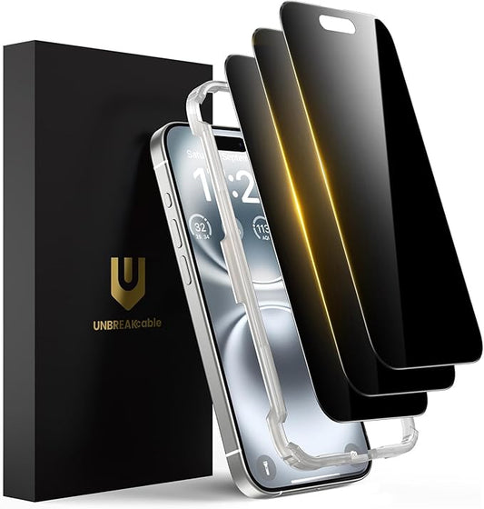 UNBREAKcable Privacy Screen Protector for iPhone 16 Plus (6.7"), 25° Anti-Spy Tempered Glass, Easy Install Alignment Frame, Case-Friendly, 9H Hardness, Anti-Fingerprint, 3-Pack