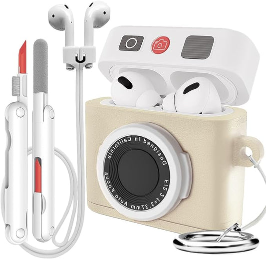 for Airpods 4 Case Cover with Magnetic Anti-Lost Straps & Cleaning Kit, Shockproof Silicone Retro Camera Protector for Airpod 4th Generation Cases Wireless Charging with Keychain Accessories