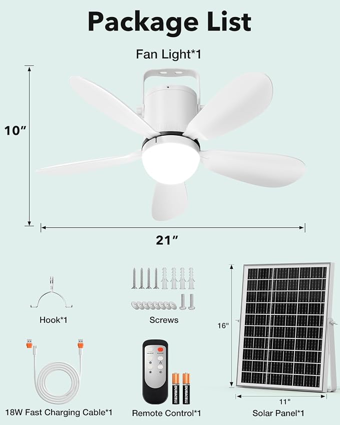 21” Solar Ceiling Fan Light, 35W Solar Powered Gazebo Fan with Remote Control, Rechargeable Battery Operated Portable Camping Fan Outside, for Tent Patio Greenhouse Porch Canopy Pergola