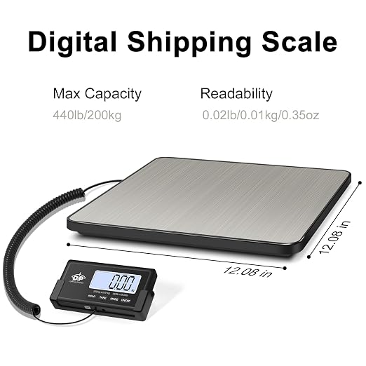 QP Shipping Scale for Packages, 440lb/0.35oz High Accuracy Digital Postal Scale, Postage Scale, Hold/Tare Function, Auto Off LCD Display, Lightweight Scale for Luggage/Pet, Battery&AC Adapter Included