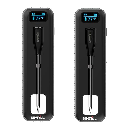 Nexgrill Smart Wireless Meat Thermometer, Bluetooth, Dual Sensor Probe Meat & Ambient, Digital Display Base, iOS/Android App Control, USB-C Rechargeable for Grill, Smoker, Oven, BBQ 530-04113 (2Pack)