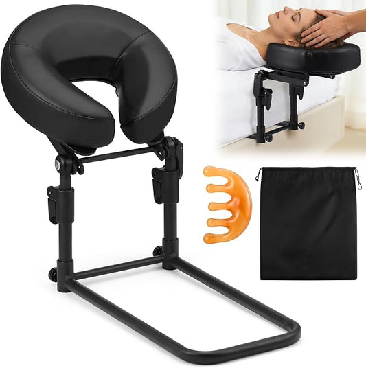Massage Headrest for Bed with Storage Bag Scalp Massager, Adjustable Leather Home Bed Massage Head Holder for Mattress, Black Massage Face Cradle Face Down Pillow