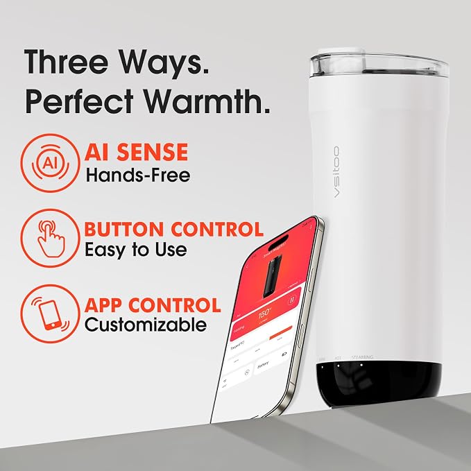 Vsitoo S5 Self Heating Travel Mug 16oz, Rechargeable Coffee Mug with Car Charger Kit, AI Auto-Sensing Temp Control Heated Cup for Home Office Car, App Control, Gift Women Men - White