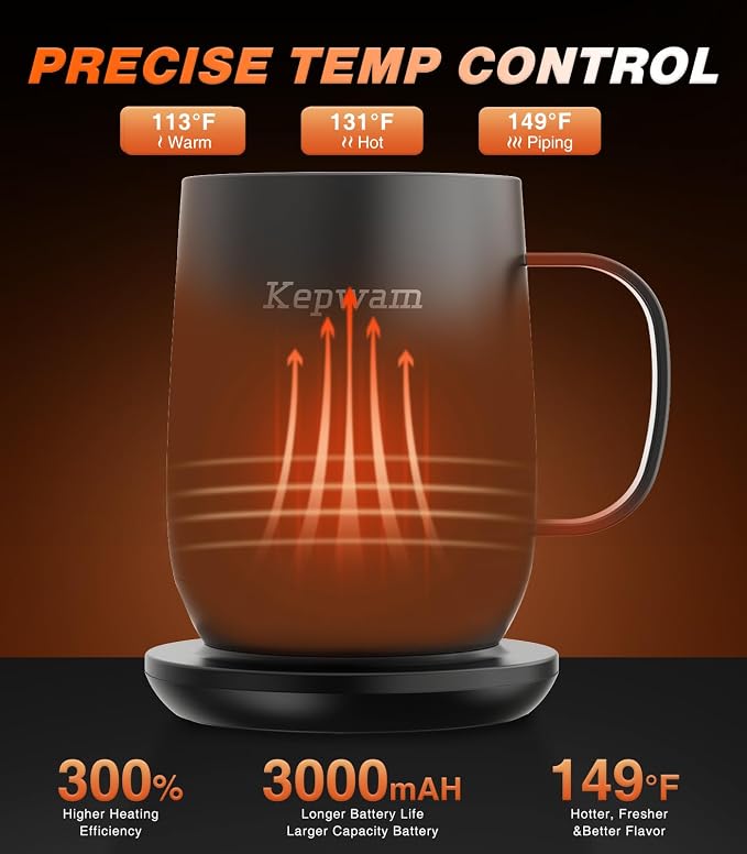 Kepwam Self Heating Coffee Mug T2, 16oz Smart Heated Coffee Mug, 150 Min Battery Life - Hot up to 149℉ Temperature Control Coffee Mug Warmer, Gifts for Dad Mom (No APP)