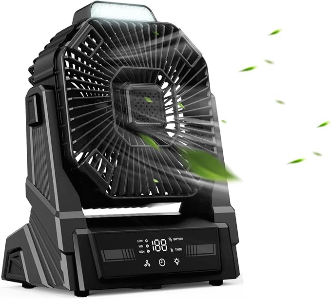KopBeau Portable Camping Fan with Lights, 20000mAh Rechargeable Battery Operated Fan, Battery Powered Outdoor Beach Tent with 3 Speeds & Hook, Personal USB Table for Camping Accessories Black