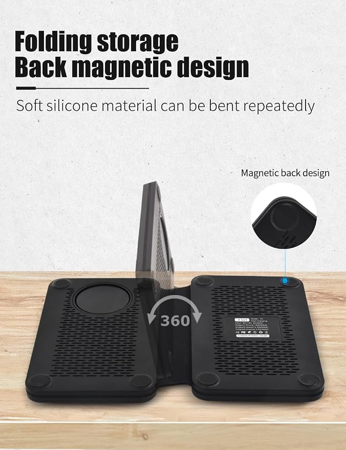 3-in-1 Charging Station for Apple Devices, Fast Mag Safe Wireless Charger, Foldable Travel Charger for Cell Phone 16-12 Series, AirPods, and iWatch Series (wulnut Wood)