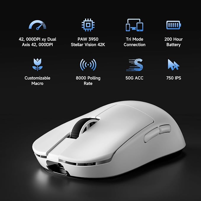 MCHOSE L7 Ultra+ Wireless Gaming Mouse, Lightweight 48g, Ergonomic Mouse with 42K DPI, PAW3950, Optical Switch, 20000 FPS, Dual 8K Polling, 7 Programmable Buttons, 3-Mode Connect, PC/Mac - White