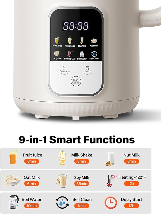 GDOR 35oz Nut Milk Maker, 9-in-1 Automatic Plant Milk Machine for Almond, Oat & Soy, Smoothies & Juice, 12 Stainless Steel Blades, Keep Warm, 12H Delay & Self-Clean