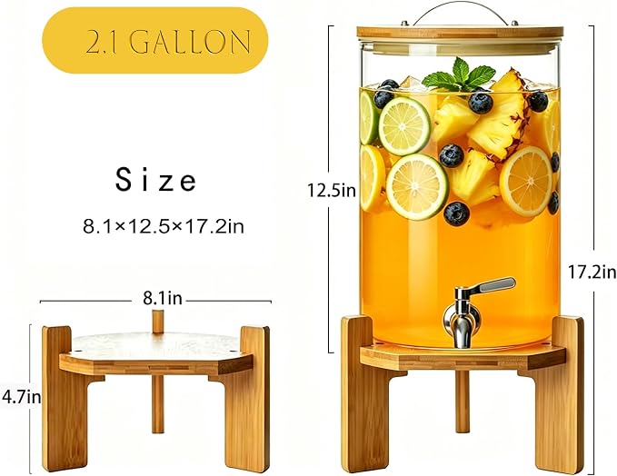 Beverage Dispenser, 2.1Gallon Glass Drink Dispenser with Stand, Stainless Steel Spigot, Ideal for Parties, Bars, Restaurants (8L/2.1 Gallon)