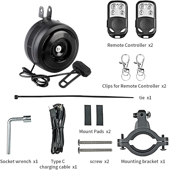 Bike Bell Alarm Horn with Remote, USB Rechargeable, Waterproof, Anti-Theft Vibration Alarm for Bikes, Scooters