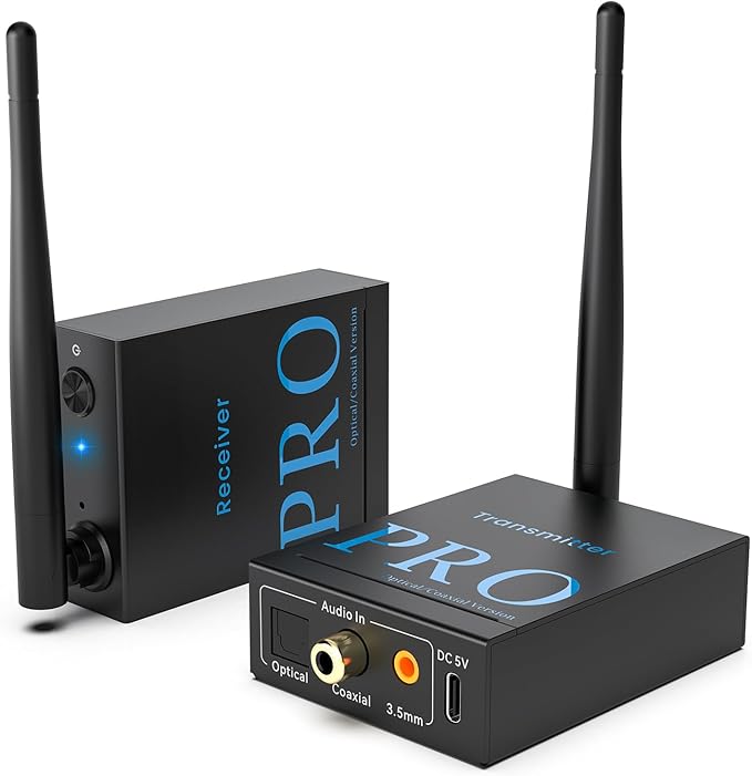 1Mii 2.4GHz Wireless Audio Transmitter and Receiver (1 TX+1 RX), HiFi Audio, 20ms Low Latency, 328ft Long Range Wireless Kit for Powered Speaker/Stereo/Soundbar, Optical/Coaxial/3.5mm(RCA) Ports