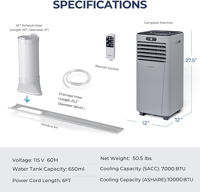 COSTWAY Portable Air Conditioner, 10000BTU Air Cooler with Drying/Fan/Sleep Mode, 2 Speeds, 24H Timer, Remote Control, Portable AC for Home & Office, Cools Room up to 350 Sq. Ft, Window Kit Included
