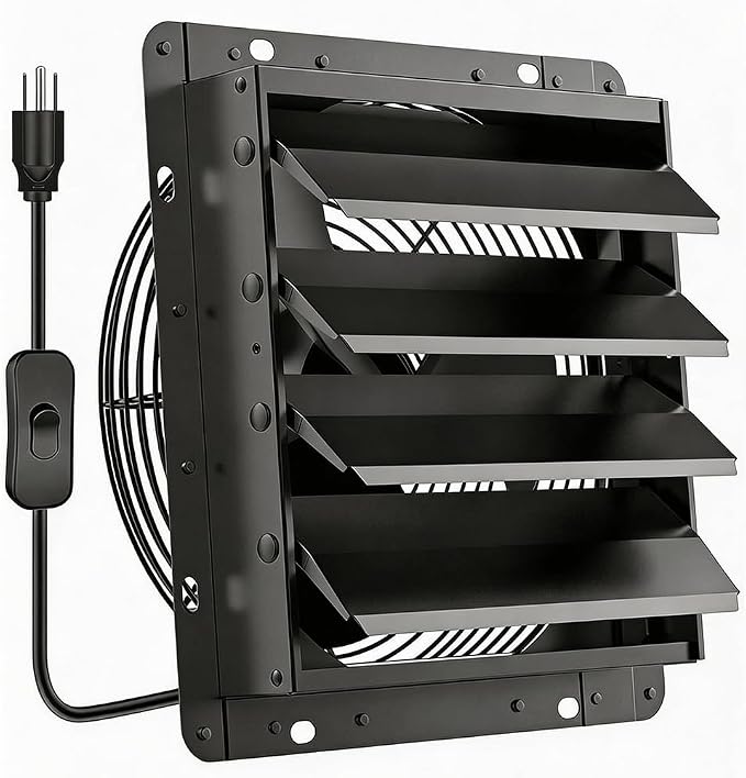 HG Power Upgraded 14 Inch Shutter Exhaust Fan, 882CFM High-Speed Vent Fan, 1400RPM Wall Mounted Attic Fan with Steel Mesh Screen for Shed, Garage, Greenhouse Ventilation, Black