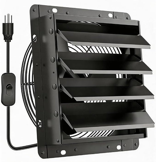HG Power Upgraded 14 Inch Shutter Exhaust Fan, 882CFM High-Speed Vent Fan, 1400RPM Wall Mounted Attic Fan with Steel Mesh Screen for Shed, Garage, Greenhouse Ventilation, Black