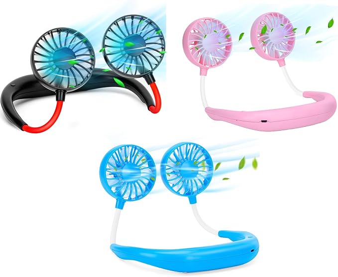 3 Pack Neck Fan – Black, Blue, Pink: Portable Wearable Cooling Fans for Men Women, USB Rechargeable for Travel, Sports, Office
