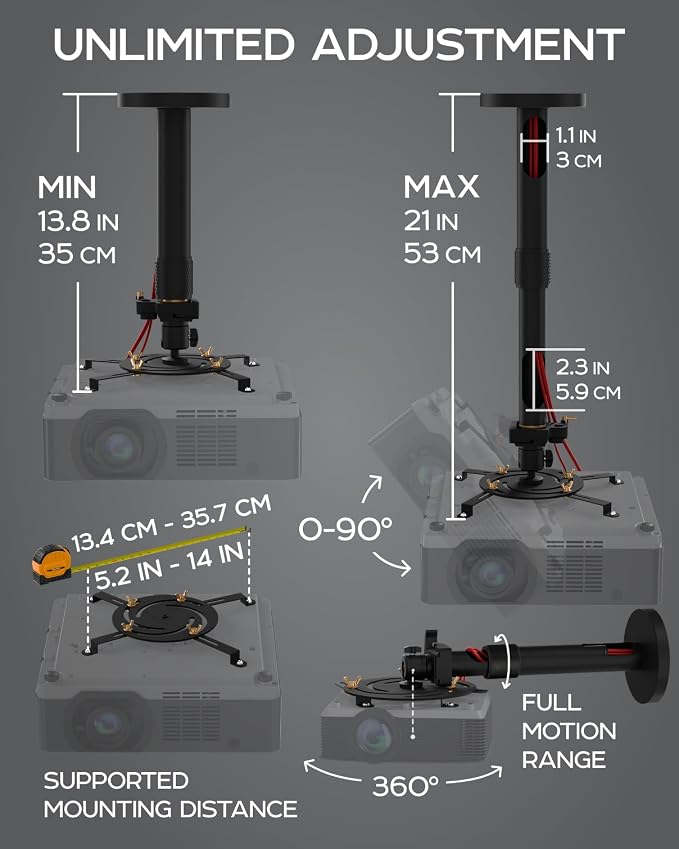 PropVue Universal Projector Mount - Adjustable Ceiling or Wall Mount for Office & Home Mini Projectors - Full Motion, Easy Installation, 360° Swivel, Extendable Length 13.8" to 21" (Pack of 2)