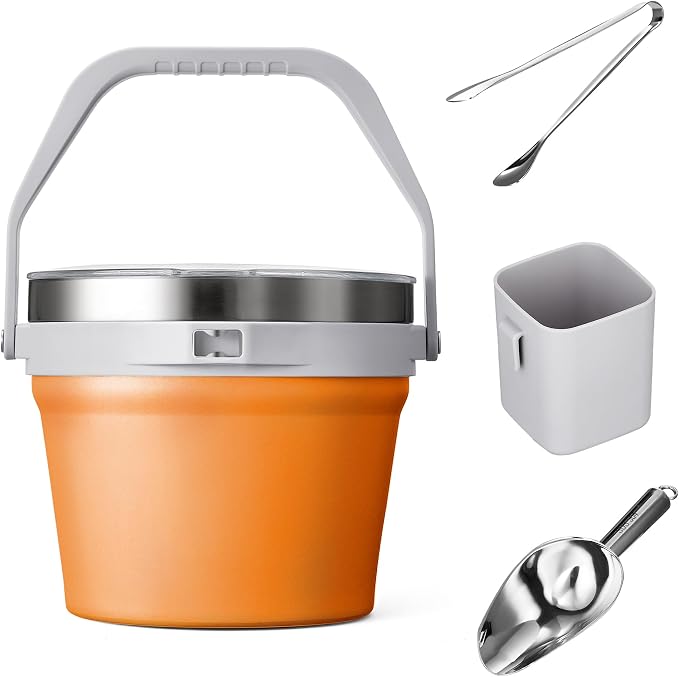 COKTIK 7L Vacuum Insulated Ice Bucket with Lid and Scoop& Tongs，Large capacity Stainless Steel Beverage Bucket for Cocktail, Champagne, Wine, Beer，Large Parties（Orange Suit）