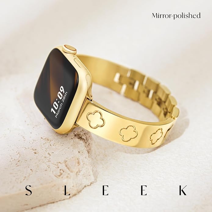 Missair Compatible with Apple Watch Band 38mm 40mm 41mm 42mm 44mm 45mm 46mm 49mm, Four Leaf Lucky Bracelet Women Dressy Stainless Steel Metal Clover Strap for iWatch Series 11 10 9 8 7 6 5 4 SE Ultra