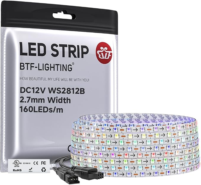 BTF-LIGHTING WS2812B IC RGB 2.7mm Ultra Narrow LED Strip 0807SMD DC12V Individually Addressable 13.1FT 160Pixels/m 640LED Dream Color Tape Light for Home DIY Decoration IP30 (No Adapter or Controller)