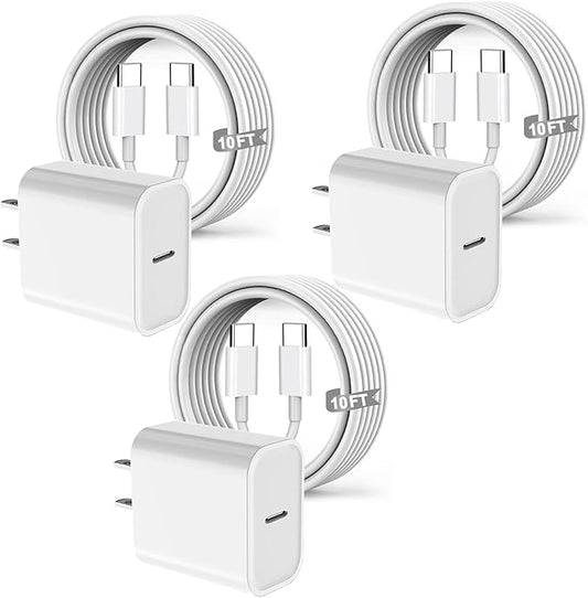 [3 Pack] Long 10FT iPhone 17 Charger 20W Fast Wall Charger Block,[Apple MFi Certified] 10Foot USB C Cable Fast Charging for iPhone 17 Pro Max/17 Pro/Air/iPhone 16 Pro/16 Plus/16E/15 Pro,iPad 2018-2025