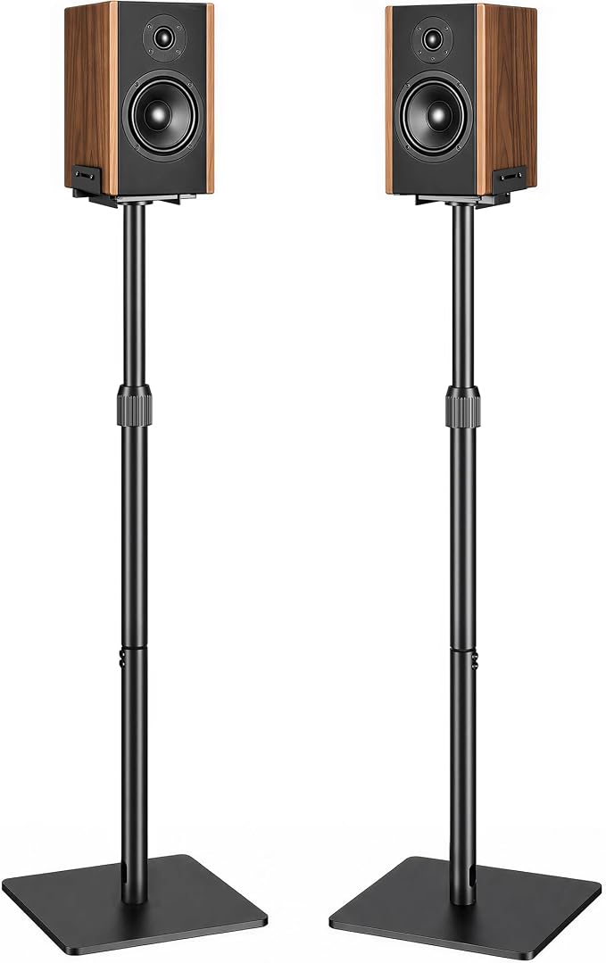 Pegzone Height-Adjustable Speaker Stands Pair, Black | Height Adjustable from 33.4" to 44", 11LBS Capacity, Surround Sound Speaker Stands, Cable Management, 1 Pair