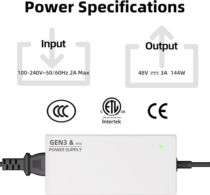 DAIERTEK Starlink Gen 3 Power Supply, AC Charger with Power Cord, 144W Adapter for Gen3 Standard, Multi-Protection, 100-240V
